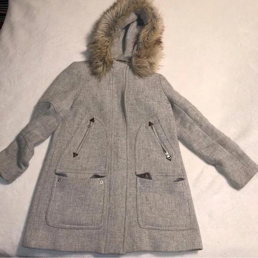J. Crew Chateau Parka Gray Italian Wool Hood Faux Fur Trim Pockets Zipper Size 2